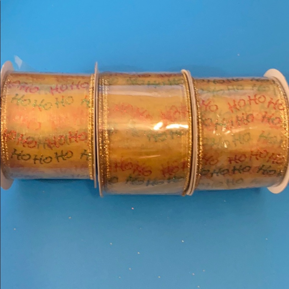 3 rolls gold red green Ho Ho Ho Christmas ribbon